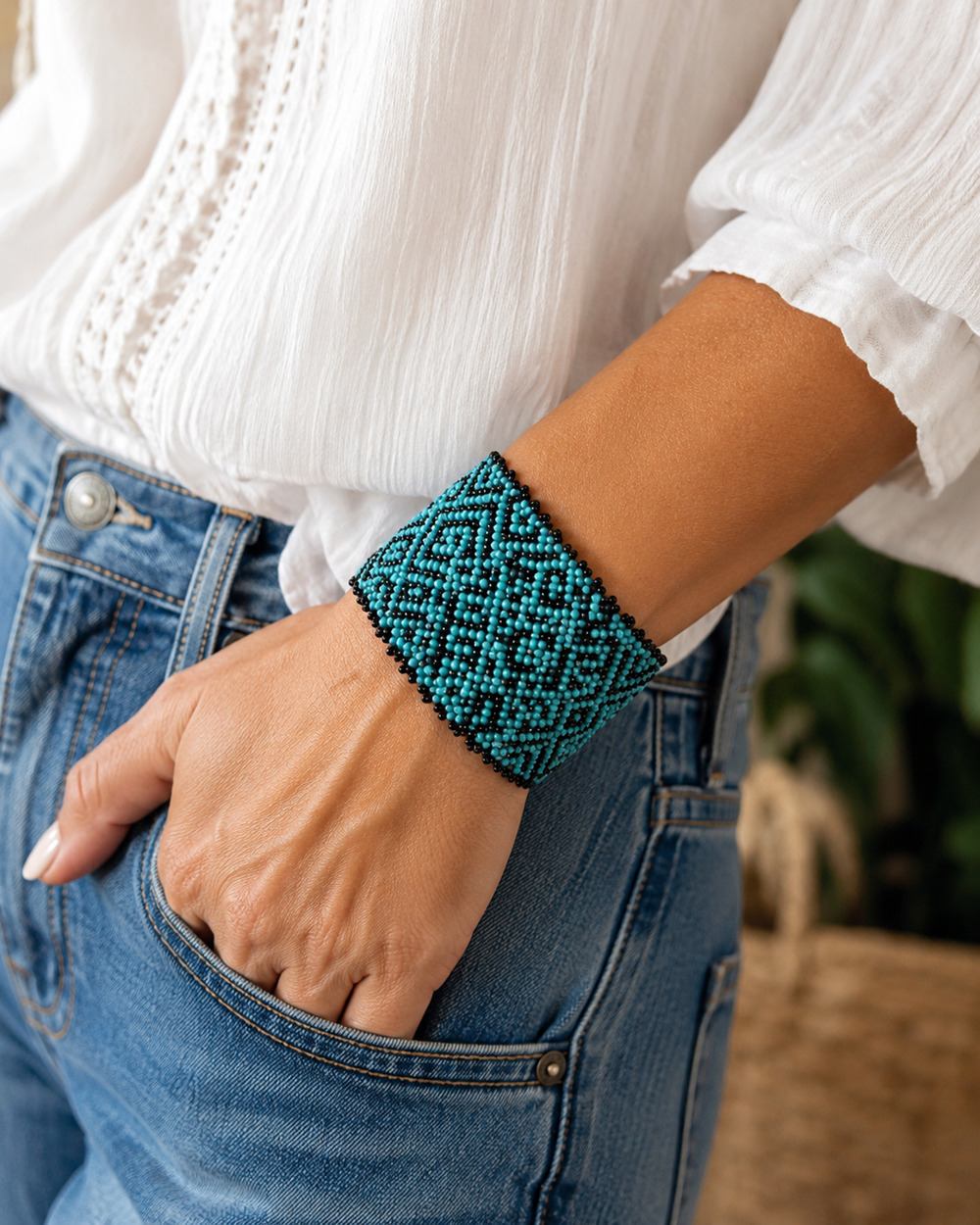 Handmade Turquoise Black Seed Bead Loom Cuff Bracelet Boho Tribal Statement